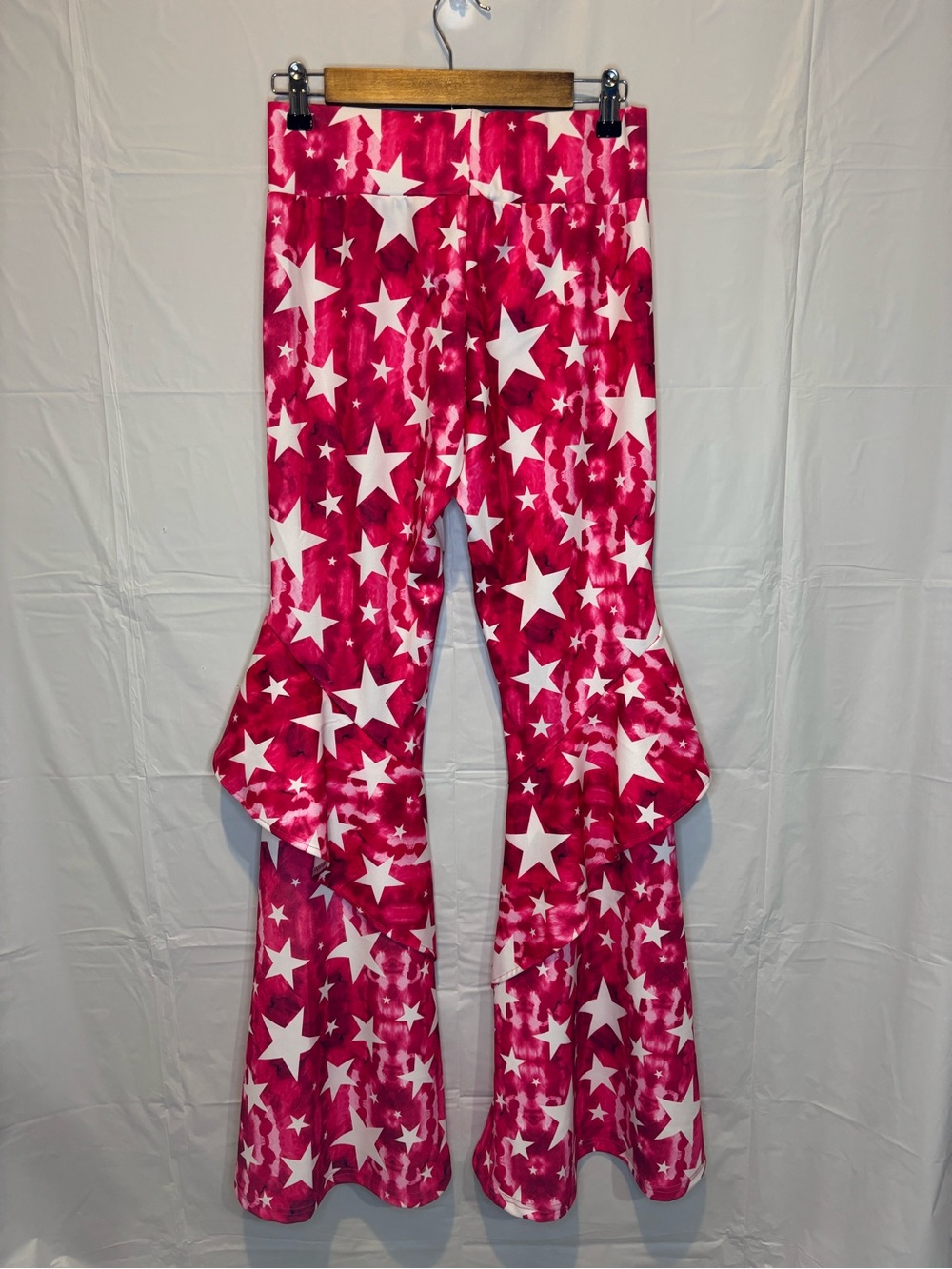 NWT Lucky & Blessed Pink Tie Dye Star Cascading Ruffle Bell Bottom Pants S